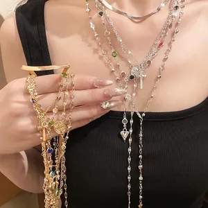 Collana Multistrato in Lega con Pendente a Croce e Strass con Perle Artificiali Catena a Perline Colorate Gioielli Religiosi Donna