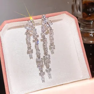 Exquisite luxury sparkling cubic zirconia long tassel earrings in premium pink jewelry gift box