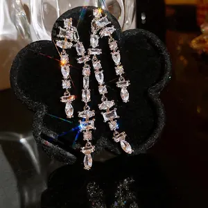 Elegant double-row zircon tassel dangle earrings for luxury fashion look.
