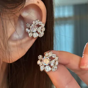 Round Zirconia Cluster Ear Cuffs Gold Silver Plated Copper Flower Earrings For Non-Pierced Ears Light Luxury Jewelry