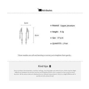 Detailed specifications for silver-toned zircon tassel earrings with 6cm length