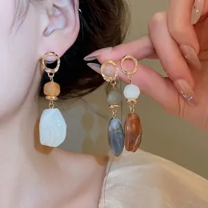 Irregular Geometric Resin Drop Earrings Vintage Maillard Style Alloy Dangle Earrings Women Jewelry Silver Earring Post
