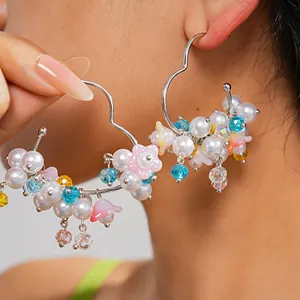 Handmade Heart Beaded Stud Earrings For Women Dopamine Style Colorful Glass Beads Artificial Pearl Floral Earrings With 925 Sterling Silver Earring Post Jewelry Gift