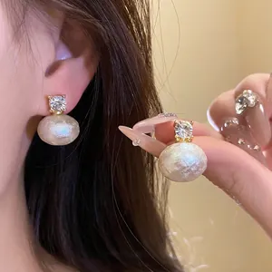 French Vintage Light Luxury Cotton Pearl Zirconia Stud Earrings With Silver Earring Post Gold Plated Geometric Earrings Women Jewelry