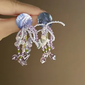 Boucles d'oreilles Vintage Françaises Violettes de Rêve à Glands de Perles Alliage Acrylique Fleur Perles de Verre Style Vacances Bijoux Femme