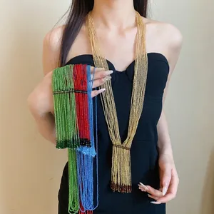 Handgefertigte Gewebte Glasperlenkette Lange Mehrschichtige Quastenanhänger Bohemian Stil Dopamin Farbe Modeschmuck Für Damen