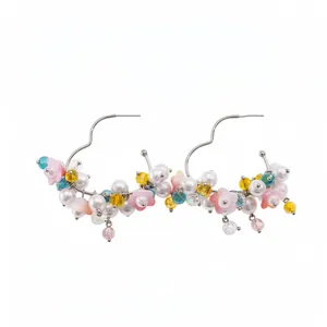 Handmade dopamine style earrings with imitation pearls and colorful glass flowers