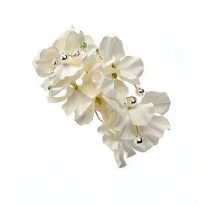 Handmade ethereal white fabric flower hair clip with pearls and green beads for women