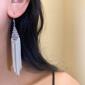 Élégantes boucles d'oreilles longues à glands argentés et perles de cristal bohème