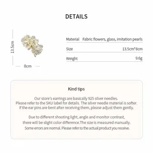 Detailed product specifications of fabric flower hair clip with size and material