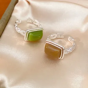 Minimalist elegant square resin open ring with silver chain band in green and amber finish