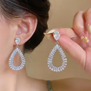 Luxury Copper Zirconia Water Drop Stud Earrings With 925 Sterling Silver Earring Post Hollow Out Premium Earrings For Women