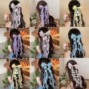 Grande Fermaglio per Capelli Fiocco in Chiffon Foresta Dolce Floreale Tulipano Mughetto Nappina Perla Artificiale per Donne Vacanza