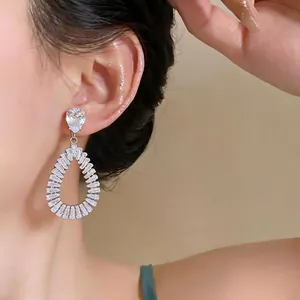 Elegant silver needle zircon teardrop hollow dangle earrings for women high luxury