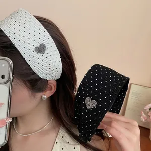 Women Polka Dot Wide Headband High Cranial Top Pleated Fabric Hair Band With Rhinestone Heart Fashion Daily Hair Accessories