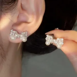 Elegant Bow Stud Earrings Silver Earring Post Copper Rhinestone Artificial Pearl Women Lightweight Luxury Daily Jewelry