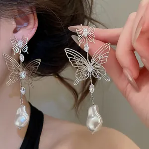 Exquisite French style butterfly drop earrings with sparkling rhinestones and pearls
