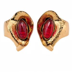 Luxury gold geometric earrings featuring red oval resin stones and 925 silver needles