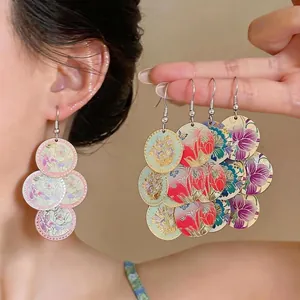 Nuovo Stile Cinese Smaltato Floreale Orecchini Pendenti Rotondi Retro Tendenza Nazionale Geometria Nappina per Donna Gioielli Eleganti