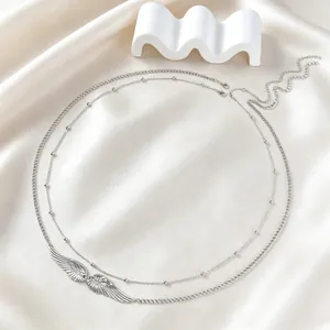 Elegant double-layer silver angel wing body chain with metallic beads for beach bikini wear