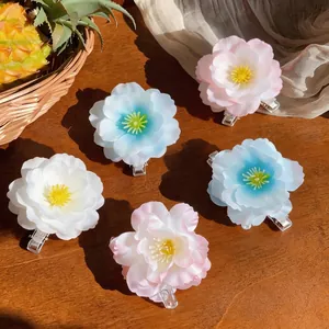Sweet fabric flower hair clips set in white pink and blue colors for women's hair accessories