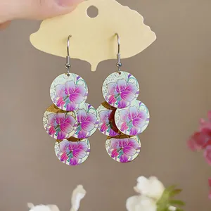 Eleganti orecchini rotondi in stile neo-cinese con stampe floreali di loto viola e gocce