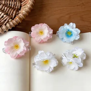 Set of 5 sweet fabric cherry blossom hair clips in pink white and blue pastel colors