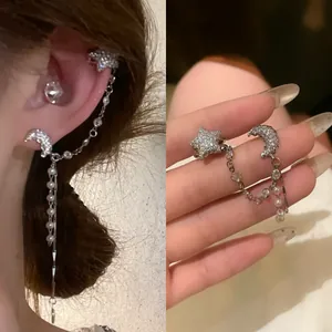 Star Moon Tassel Ear Cuff Stud Integrated Earrings For Women Silver Color Alloy Rhinestone Artificial Pearl Niche Design Jewelry