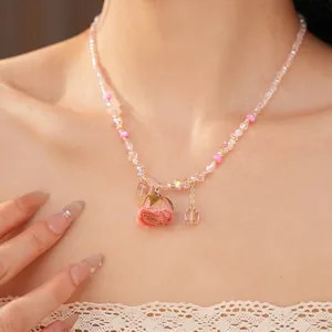 Handmade Glass Beaded Necklace With Pink Preserved Rose Flower Pendant Light Luxury Sweet Clavicle Chain For Women Vacation