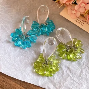 Fresh resin teardrop tassel stud earrings with silver needles in vibrant blue and green