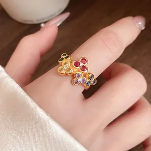 Vintage Copper Zirconia Floral Open Ring for Women Gold Multicolor Retro Elegant Finger Ring Jewelry Gift