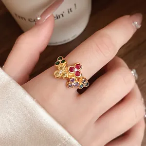 Elegant vintage gold open ring with multi-colored zircon flower cluster design
