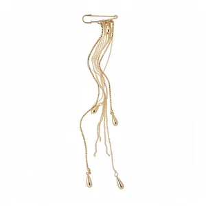Gold-toned vintage metal safety pin brooch with long water drop tassel chains for women