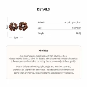 Detailed product specifications for brown flower earrings with 6cm diameter and 925 silver needles