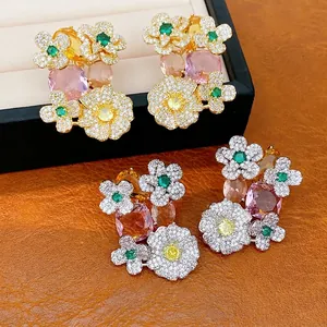 Vintage Copper Rhinestone Flower Stud Earrings With Silver Earring Post Gold Silver Plated Elegant Jewelry For Women Gift