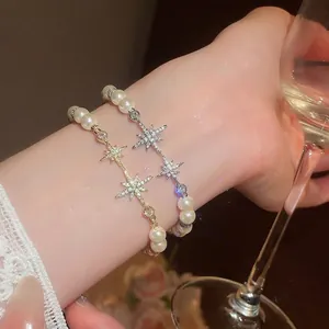 18K Gold Plated Copper Artificial Pearl Bracelet With Zirconia North Star Starburst Charm Elegant Fashion Jewelry For Women