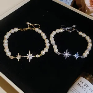 Elegant 18k gold plated zircon star pearl bracelet with adjustable sliding clasp design