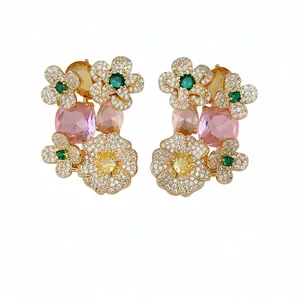 Vintage gold-plated floral stud earrings with colorful zircon stones and crystals.