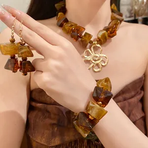 Retro amber acrylic jewelry set with flower necklace earrings and bracelet