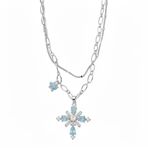 Double-layer silver necklace with light blue zircon cross pendant, sweet-cool style jewelry.