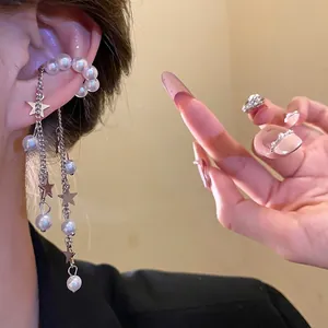 Minimalist Cold Style Artificial Pearl Tassel Ear Cuff For Women Elegant Non-Pierced Alloy Star Beaded Ear Clip Jewelry Gift