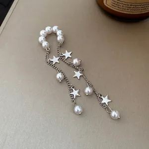 Elegant minimalist pearl beaded tassel ear cuff with star charms for non-pierced ears
