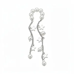 Elegant silver pearl tassel ear cuff featuring minimalist star charms for non-pierced ears