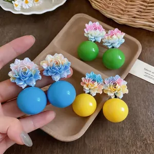 Women Gradient Resin Flower Stud Earrings With 925 Sterling Silver Earring Post Fresh Sweet Oversized Floral Ball Earrings Jewelry