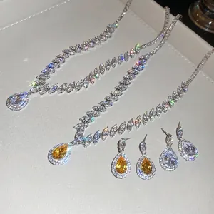 Luxury zircon teardrop necklace and earring jewelry set with brilliant sparkle and high-end feel