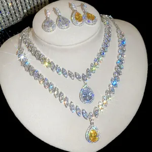 Detailed view of luxurious zircon water-drop necklace and earring set with sparkles
