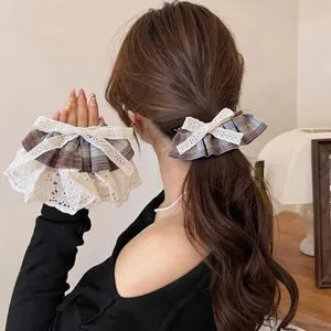 Pince à Cheveux Nœud à Carreaux Bleu Brun Scrunchie en Dentelle Accessoires Cheveux Style Preppy Coréen Serre-tête Femme Élégant