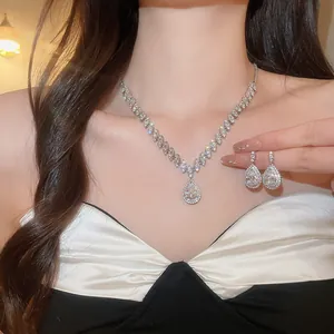 Elegant luxury silver-tone teardrop zircon necklace and matching earrings set