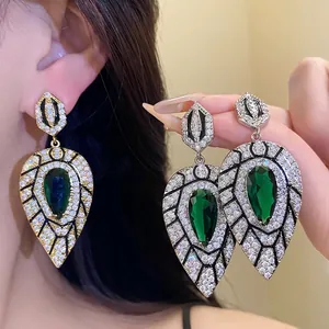 Vintage Luxus Smaragdgrün Zirkonia Wassertropfen Ohrhänger Für Damen Kupfer Strass Blatt Ohrringe Schmuck Geschenk