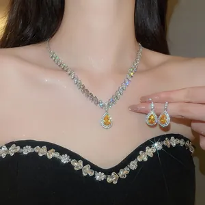 Luxury high-end yellow water drop cubic zirconia necklace and earring set jewelry for women